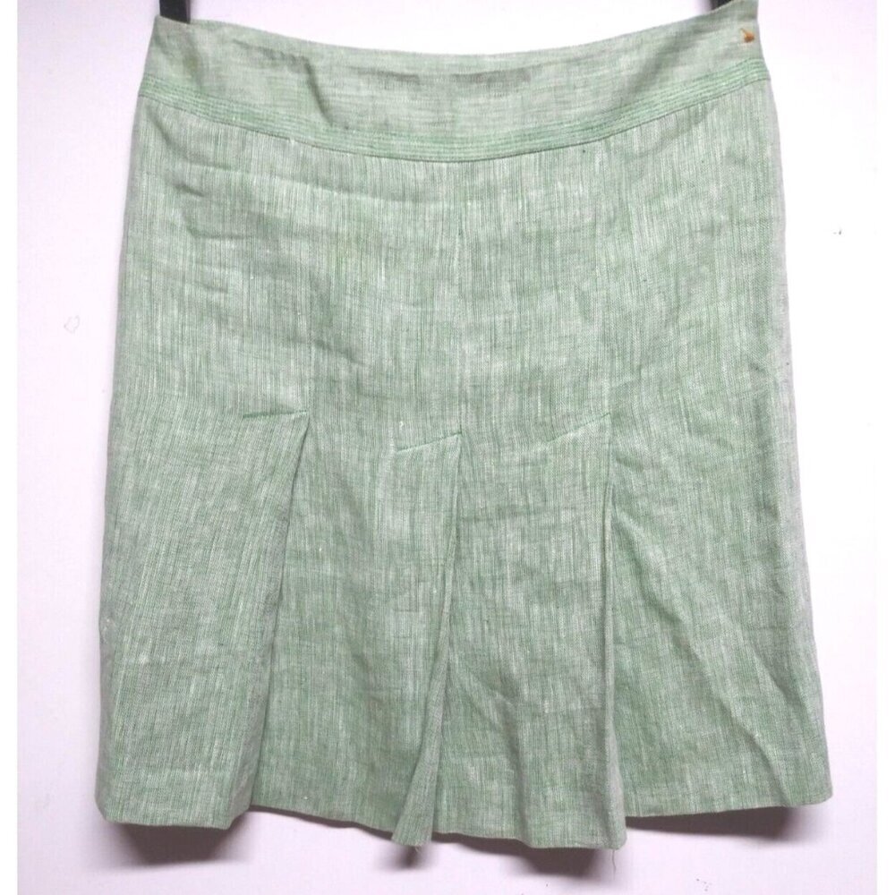LOFT Skirt 100% Linen pleated short Sz 10 light green lined side zipper EUC